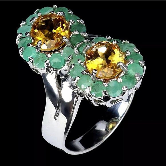 Natural Oval Citrine 8x6mm & Emerald Gemstone 925 Sterling Silver Ring 7.5 - Picture 4 of 7